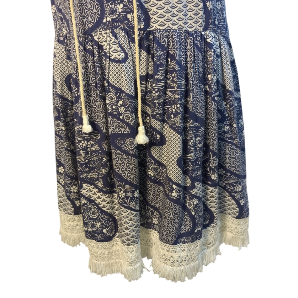 SEA NY Rare Boho Crochet & Fringe Blue Paisley Dress SZ 10 NWOT - Picture 4 of 9